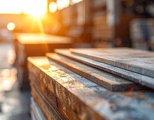 Stacked Metal Plates in Industrial Setting with Sun Flare.