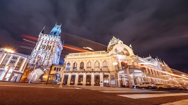 Municipal House and Powder Tower at Night with Illuminated Facades. Timelapse.
