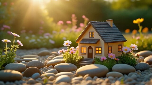 Miniature House Nestled Among Smooth River Stones and Blooming Flowers in Golden Sunlight tiny home