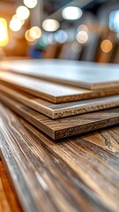 Stacked Wood Panels with Varying Finishes and Bokeh Background.