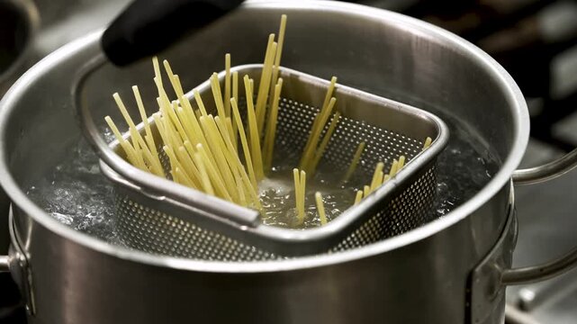 cooking spaghetti in the restaurant's kettle
