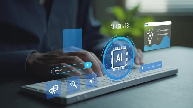 AI agents concept. Person typing keyboard with autonomous AI agent icons, intelligent automation, digital assistant system and smart workflow management.