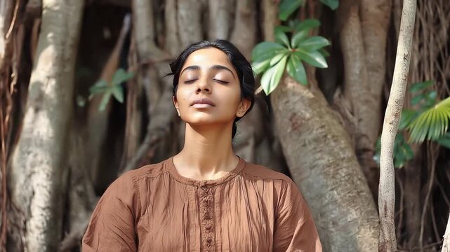 A person with closed eyes stands near large tree roots in a natural setting during daytime, engaged in a moment of stillness and reflection