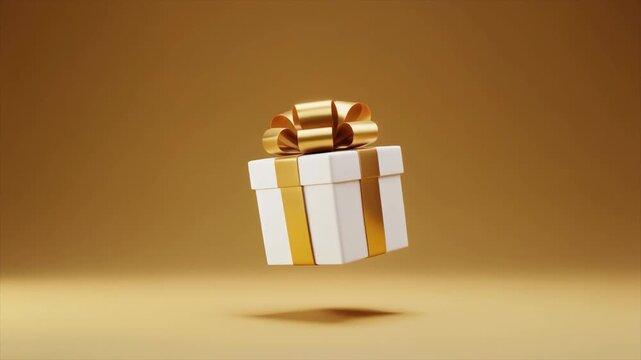A white gift box with a gold ribbon and bow floats in the air against a warm golden background present