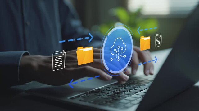 Cloud storage and data transfer concept. Person using laptop with cloud upload and download icons, secure file sharing, online backup and digital data management.