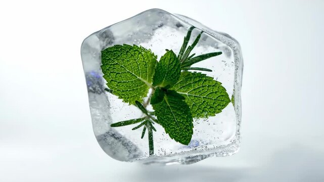 A clear ice cube containing fresh green mint leaves and rosemary sprigs, set against a bright white background.