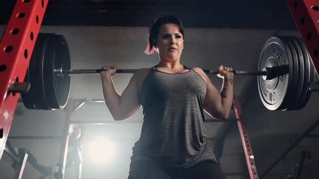 Woman lifts weights in gym while focusing on her form and strength during a workout session in the daytime