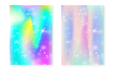 Princess background with kawaii rainbow gradient. Magic unicorn hologram. Holographic fairy set. Vibrant fantasy cover. Princess background with sparkles and stars for cute girl party invitation.
