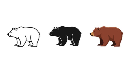 Fototapeta premium Triple bear illustrations: outline, silhouette, and colorful brown bear designs