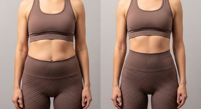 Caucasian woman body before and after weight loss on beige background. Weight reduction, healthy nutrition, fitness training concept.
