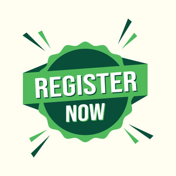 A vibrant green register now badge with radiating starburst elements