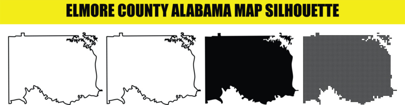 Elmore county Alabama map silhouette vector graphics featuring outline black solid fill and modern dotted grid pattern set