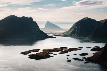 Aerial view Lofoten islands landscape sea and rocks in northern Norway, Arctic nature scandinavian landmarks travel beautiful destinations epic scenery summer season