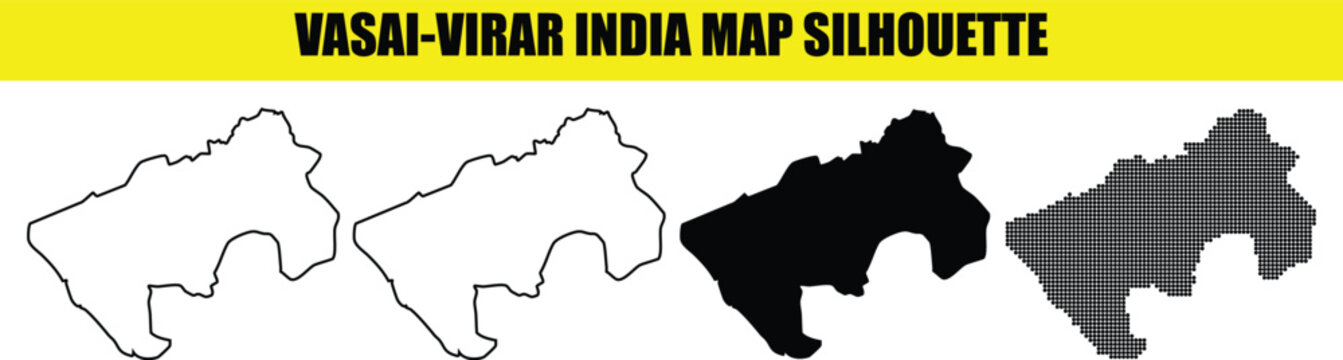 Vasai virar india map silhouette collection featuring outline solid black and dotted vector graphic design illustrations