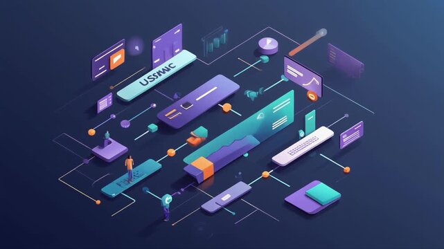 Isometric 3D Network of Digital Interfaces, Charts, and People Representing Technology and Data image