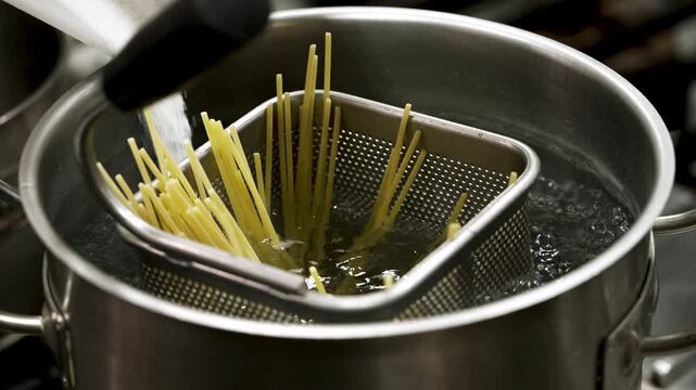 cooking spaghetti in the restaurant's kettle
