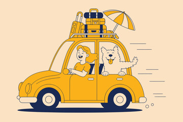Naklejka premium Woman driving a yellow car packed with luggage and dog on a road trip, happy summer vacation illustration
