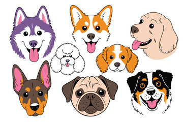 Fototapeta premium Collection of diverse dog faces, happy and smiling, vector illustration