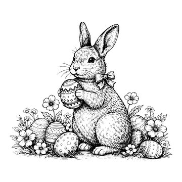Easter Bunny with Decorated Eggs and Flowers Sketch Line Art Vector Isolated on Transparent Background