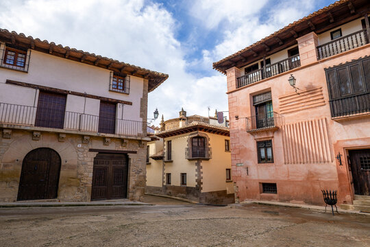 Historic buildings in the Plaza Igual y Gil in Rubielos de Mora in Teruel, Aragon, Spain, within the old medieval wall