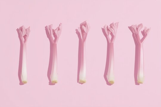 rhubarb sticks arranged in a playful pattern against a soft pink background, creating a fresh and whimsical culinary delight