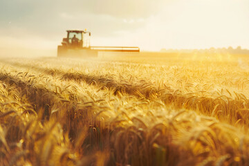 Fototapeta premium Tractor working in a golden wheat field at sunset. Agricultural machinery harvesting grain during golden hour. Farming and food production concept