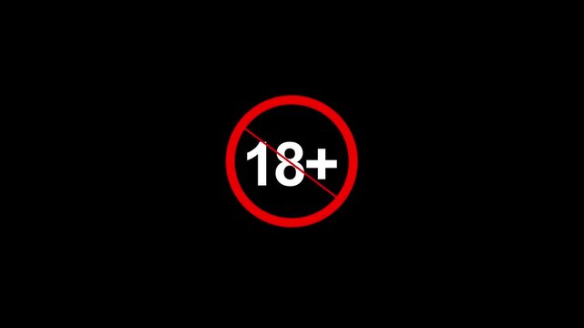 18 plus icon sign animation on dark background. Under 18 sign warning symbol. Over 18 only censored. Motion graphics of stop circle concept