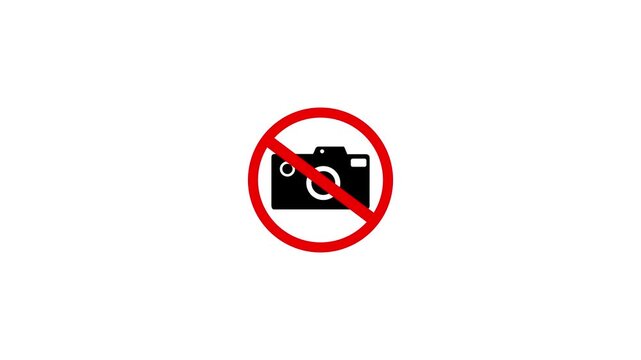 Animation of no use camera Sign for Privacy Zones and Restricted Areas. No camera area. No handphone area No photos on a fence. No photography allowed. Motion graphics of camera stop circle concept