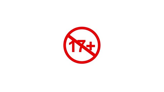 17 plus icon sign animation on dark background. Under 17 sign warning symbol. Over 17 only censored. Motion graphics of stop circle concept