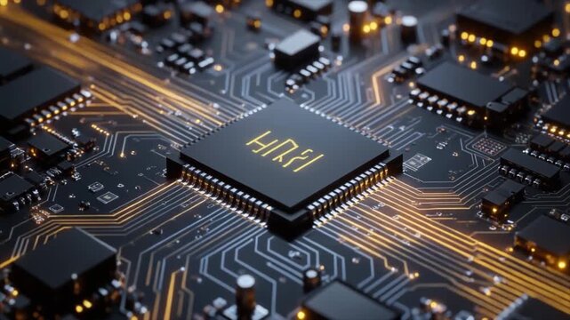 Detailed close-up of a central processor chip on a circuit board with glowing orange lines technology