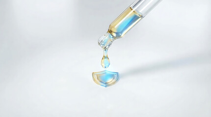 A dropper releasing a single drop of clear liquid, showcasing precision and detail, viewed from a close-up perspective.