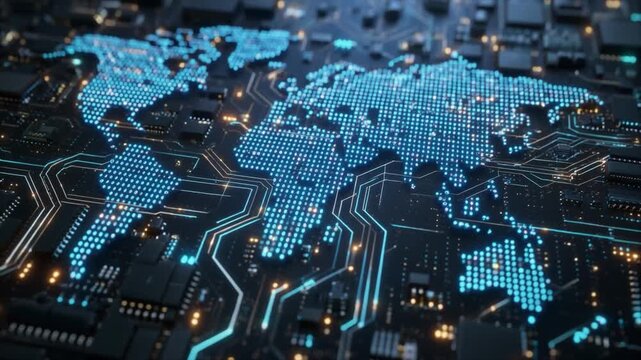 Digital world map formed by glowing blue dots on a dark circuit board with intricate pathways digital map