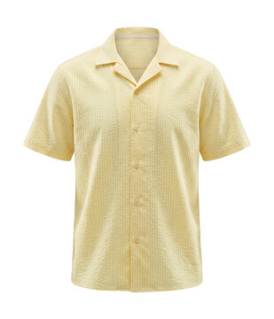 Pastel yellow seersucker shirt with a casual collar and short sleeves