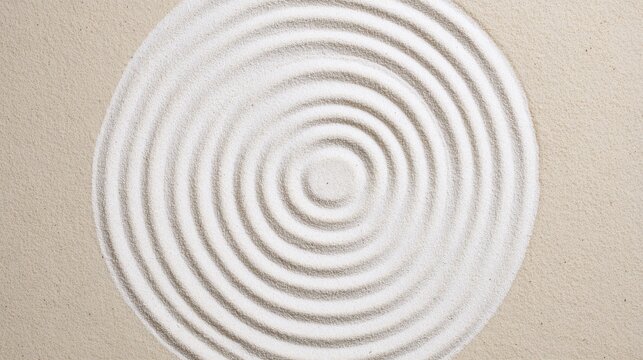 Zen sand garden, raked concentric circles in white sand, top view, mindfulness