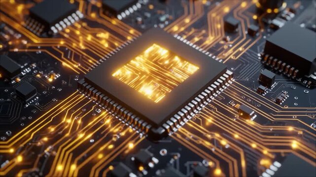 Macro shot of a central processor chip on a dark circuit board with bright orange light emanating from its core and illuminating the surrounding circuitry