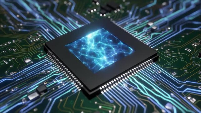 Close-up of a central processor chip on a green circuit board, emitting a bright blue light with a complex network pattern within its core and glowing pathways