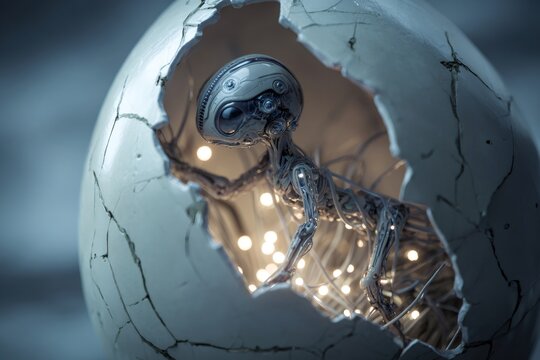 Cybernetic baby alien with glowing mechanism inside breaking out of a futuristic egg, symbolizing birth and technology