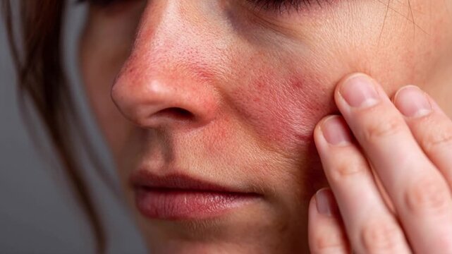 Close-up of Woman's Face with Red Skin Rash, Rosacea, and Inflammation on Cheeks and Nose. Dermatology and skin sensitivity concept.
