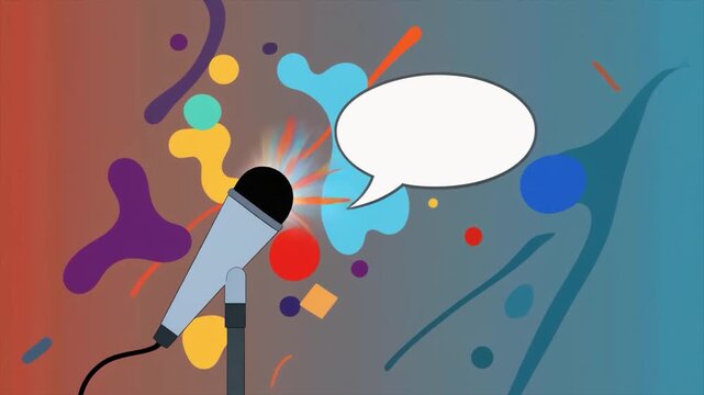 Vintage microphone on a stand with colorful abstract shapes and a speech bubble against a gradient background