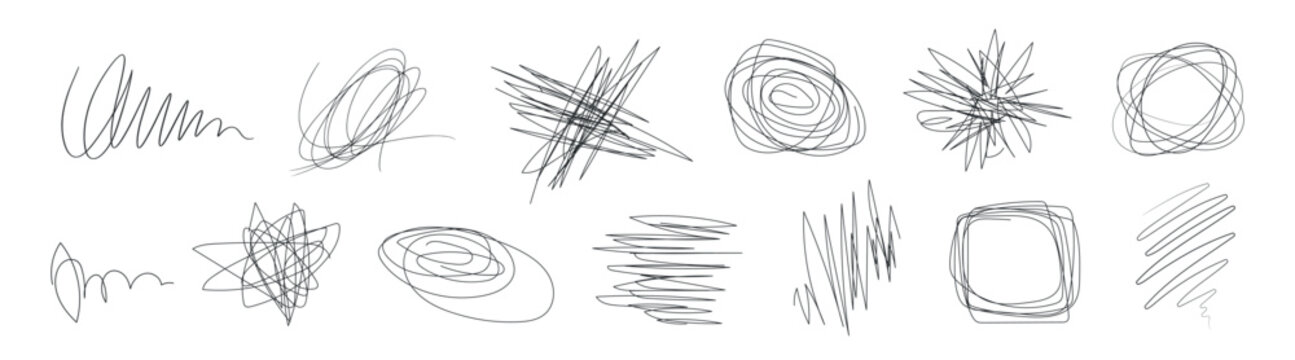 Hand drawn scribble and pen scratch elements, messy ink doodle shapes vector set on transparent background