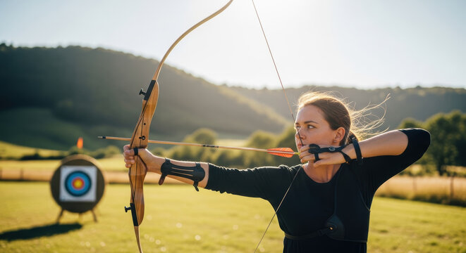 Woman Practicing Archery in a Green Field
