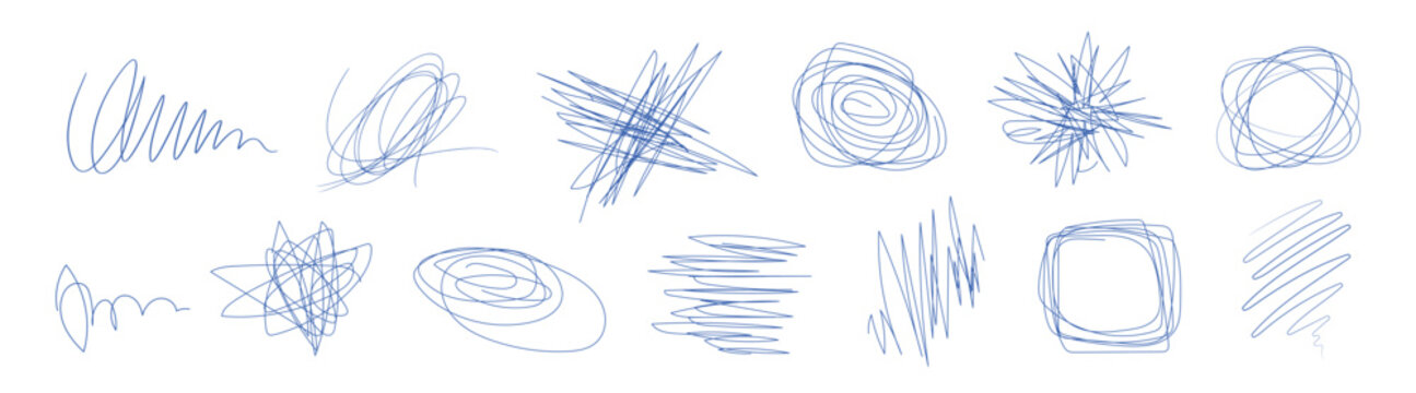 Ink pen scrawl collection, hand drawn messy scribble and scratch line elements in various shapes on transparent background
