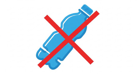 Blue plastic water bottle with red cross symbolizing ban or prohibition on a white background eco friendly concept