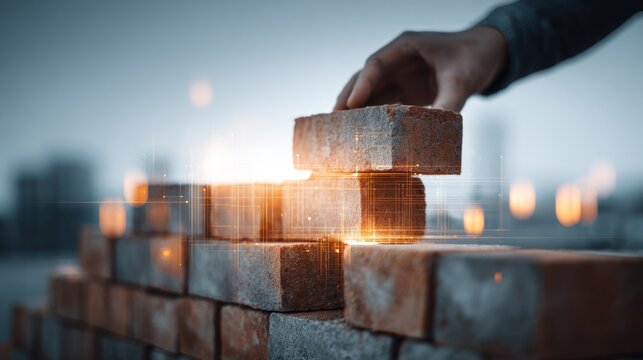 Brick wall construction with hand closeup