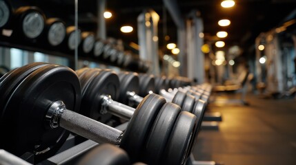 Fototapeta premium A well-organized gym weight rack showcases a range of dumbbells in a spacious, well-lit workout area, ideal for fitness and training settings.