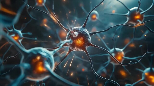 Abstract visualization of a neuron transmitting signals with bright orange sparks and light trails in a dark, ethereal setting