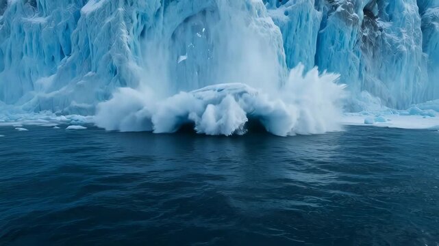 Dramatic calving of a massive glacier into the frigid ocean waters