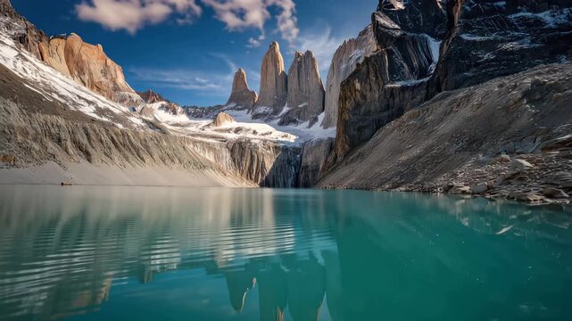 Views of mountains and a lake in Torres del Paine National Park in Chile during a sunny day with clear skies and bright reflections on the water surface