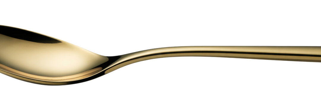 Gold spoon with shiny reflective surface metal isolated on a transparent background