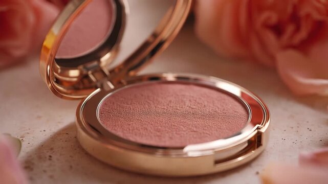 Ultra HD Elegant cosmetic face powder in golden mirror case surrounded by blooming pink roses, beauty and fashion concept Video